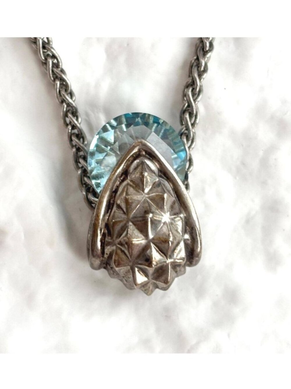 Aquamarine Round Cut Geometric Textured Wheat Chain 925 Vintage Pendant Necklace